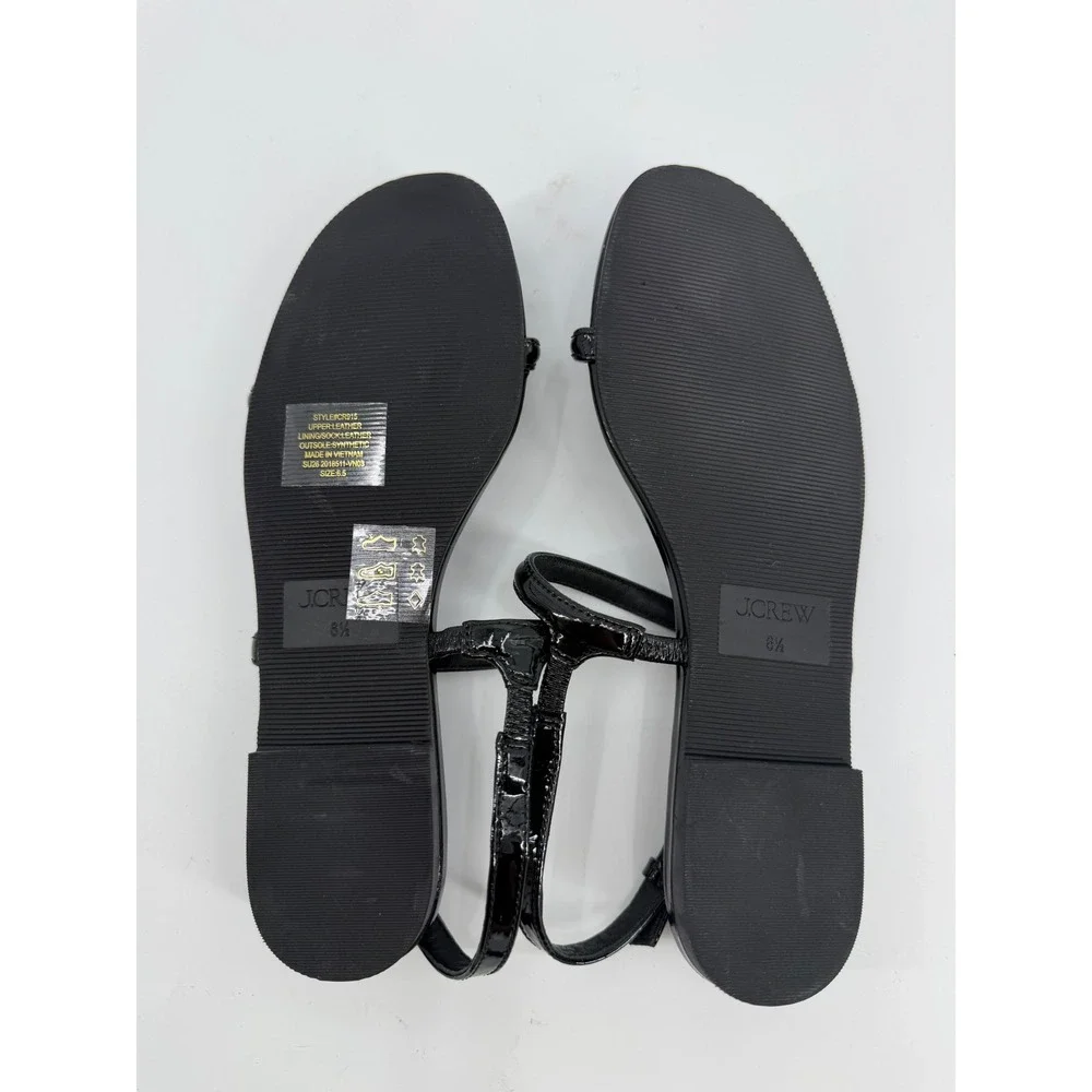 J.Crew Women Black Patent Leather Strappy Slingback Flat Sandals Size 6.5